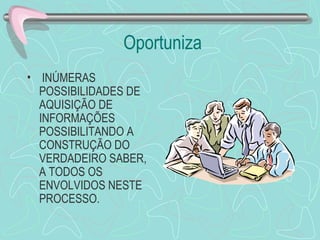 Oportuniza INÚMERAS POSSIBILIDADES DE AQUISIÇÃO DE INFORMAÇÕES POSSIBILITANDO A CONSTRUÇÃO DO VERDADEIRO SABER, A TODOS OS ENVOLVIDOS NESTE PROCESSO. 