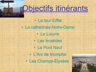   Objectifs itinérants La tour Eiffel La  cathédrale  Notre-Dame Le  Louvre Les  Invalides Le Pont  Neuf L’Arc de  triomphe Les Champs- Élysées   