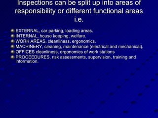 EXTERNAL, car parking, loading areas. INTERNAL, house keeping, welfare. WORK AREAS, cleanliness, ergonomics,  MACHINERY, cleaning, maintenance (electrical and mechanical). OFFICES cleanliness, ergonomics of work stations PROCEEDURES, risk assessments, supervision, training and information. Inspections can be split up into areas of responsibility or different functional areas i.e. 