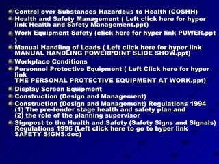 Control over Substances Hazardous to Health (COSHH)  Health and Safety Management ( Left click here for hyper link  Health and Safety Management.ppt ) Work Equipment Safety (click here for hyper link  PUWER.ppt ) Manual Handling of Loads ( Left click here for hyper link  MANUAL HANDLING POWERPOINT SLIDE SHOW.ppt ) Workplace Conditions  Personnel Protective Equipment ( Left Click here for hyper link  THE PERSONAL PROTECTIVE EQUIPMENT AT WORK.ppt )  Display Screen Equipment  Construction (Design and Management)  Construction (Design and Management) Regulations 1994 (1) The pre-tender stage health and safety plan and  (2) the role of the planning supervisor  Signpost to the Health and Safety (Safety Signs and Signals) Regulations 1996 (Left click here to go to hyper link SAFETY SIGNS.doc )  