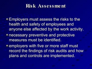 Risk Assessment Employers must assess the risks to the health and safety of employees and anyone else affected by the work activity.  necessary preventive and protective measures must be identified.  employers with five or more staff must record the findings of risk audits and how plans and controls are implemented.  