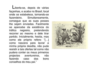 L iberta-se, depois de várias façanhas, e acaba no Brasil, local onde se estabelece, tornando-se fazendeiro. Simultaneamente, consegue que as suas posses lhe sejam enviadas. Facilmente se apercebe da existência do tráfico negreiro, pretendendo recorrer ao mesmo e dele tirar partido. Inicialmente, hesita, mas como ele próprio refere: ”[…] como nascera para lavrar a minha própria desdita, não pude resistir a tais ofertas tal como não pudera conter os meus primeiros projectos aventureiros, não fazendo caso dos bons conselhos do meu pai.”  