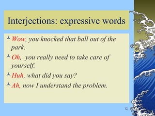 12
Interjections: expressive words
Wow, you knocked that ball out of the
park.
Oh, you really need to take care of
yourself.
Huh, what did you say?
Ah, now I understand the problem.
 