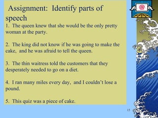 15
Assignment: Identify parts of
speech
1. The queen knew that she would be the only pretty
woman at the party.
2. The king did not know if he was going to make the
cake, and he was afraid to tell the queen.
3. The thin waitress told the customers that they
desperately needed to go on a diet.
4. I ran many miles every day, and I couldn’t lose a
pound.
5. This quiz was a piece of cake.
 