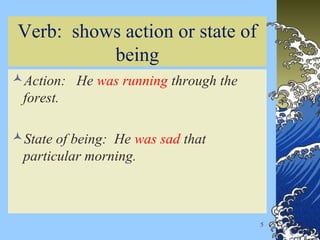 5
Verb: shows action or state of
being
Action: He was running through the
forest.
State of being: He was sad that
particular morning.
 