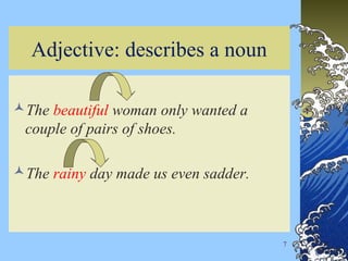 7
Adjective: describes a noun
The beautiful woman only wanted a
couple of pairs of shoes.
The rainy day made us even sadder.
 