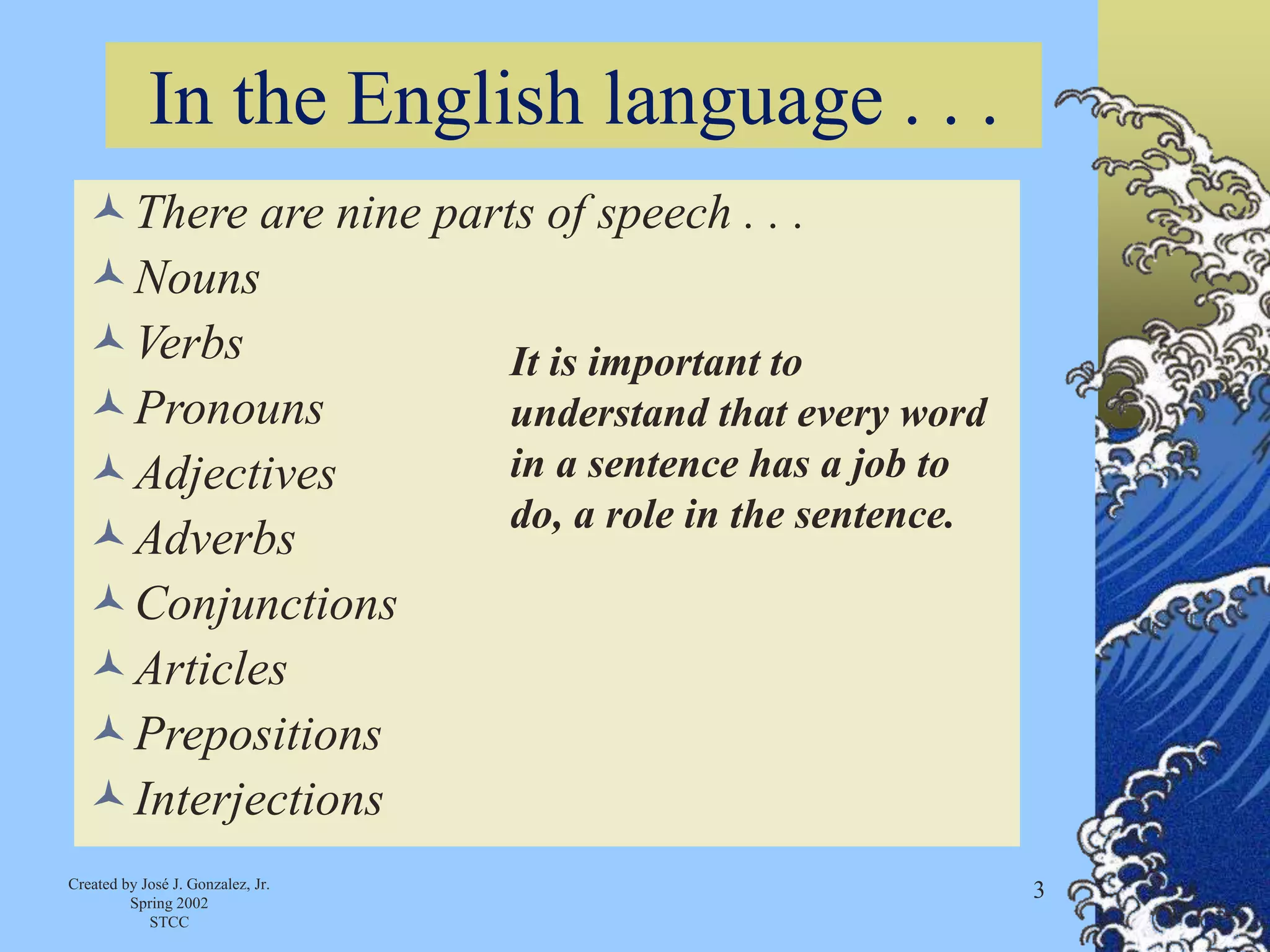 Created by José J. Gonzalez, Jr.
Spring 2002
STCC
3
In the English language . . .
There are nine parts of speech . . .
Nouns
Verbs
Pronouns
Adjectives
Adverbs
Conjunctions
Articles
Prepositions
Interjections
It is important to
understand that every word
in a sentence has a job to
do, a role in the sentence.
 
