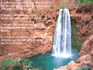 É melhorar o que está ao meu alcance, aceitar o que não pode ser mudado e ter lucidez para distinguir uma coisa da outra.    É admitir que nem sempre tenho razão e, mesmo que tenha, não brigar por ela.    A paz que hoje trago em meu peito é a confiança naquele que criou e governa o mundo...    A certeza da vida futura e a convicção de que receberei, das leis soberanas da vida, o que a elas tiver oferecido.    