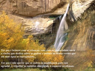 Ter paz é brincar com as crianças, voar com os passarinhos, ouvir o riacho que desliza sobre as pedras e embala os ramos verdes que em suas água se espreguiçam...    Ter paz é não querer que os outros se modifiquem para nos agradar, é respeitar as opiniões contrárias, é esquecer as ofensas.  