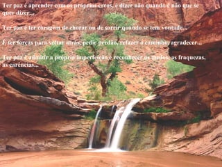 Ter paz é aprender com os próprios erros, é dizer não quando é não que se quer dizer...    Ter paz é ter coragem de chorar ou de sorrir quando se tem vontade...    É ter forças para voltar atrás, pedir perdão, refazer o caminho, agradecer...    Ter paz é admitir a própria imperfeição e reconhecer os medos, as fraquezas, as carências...   
