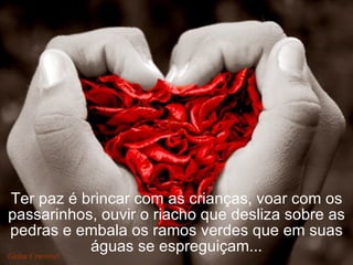 Ter paz é brincar com as crianças, voar com os passarinhos, ouvir o riacho que desliza sobre as pedras e embala os ramos verdes que em suas águas se espreguiçam... 