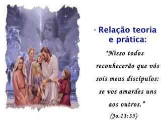•Relação teoria
e prática:
“Nisso todos
reconhecerão que vós
sois meus discípulos:
se vos amardes uns
aos outros.”
(Jo.13:35)
 