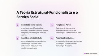 A Teoria Estrutural-Funcionalista e o
Serviço Social
1 Sociedade como Sistema
A teoria estrutural-funcionalista
concebe a sociedade como um sistema
composto por instituições, normas e
valores.
2 Função das Partes
Cada parte do sistema social
desempenha uma função que
contribui para a estabilidade do todo.
3 Equilíbrio e Estabilidade
As sociedades buscam o equilíbrio, e
as mudanças são vistas como
disfuncionais até que um novo
equilíbrio seja atingido.
4 Papel das Instituições
As instituições desempenham funções
cruciais para a coesão social e a
manutenção do sistema.
 