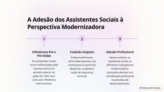 A Adesão dos Assistentes Sociais à
Perspectiva Modernizadora
1
Influências Pré e
Pós-Golpe
Os assistentes sociais
foram influenciados pela
herança teórica do
período anterior ao
golpe de 1964, bem
como por influências
internacionais.
2
Coalizão Golpista
O desenvolvimento,
como ideal expresso, era
central para os governos
ditatoriais, acoplado à
noção de segurança
nacional.
3
Adesão Profissional
Nesse contexto, os
assistentes sociais se
alinharam à perspectiva
modernizadora,
buscando valorizar sua
contribuição profissional
no processo de
desenvolvimento.
 