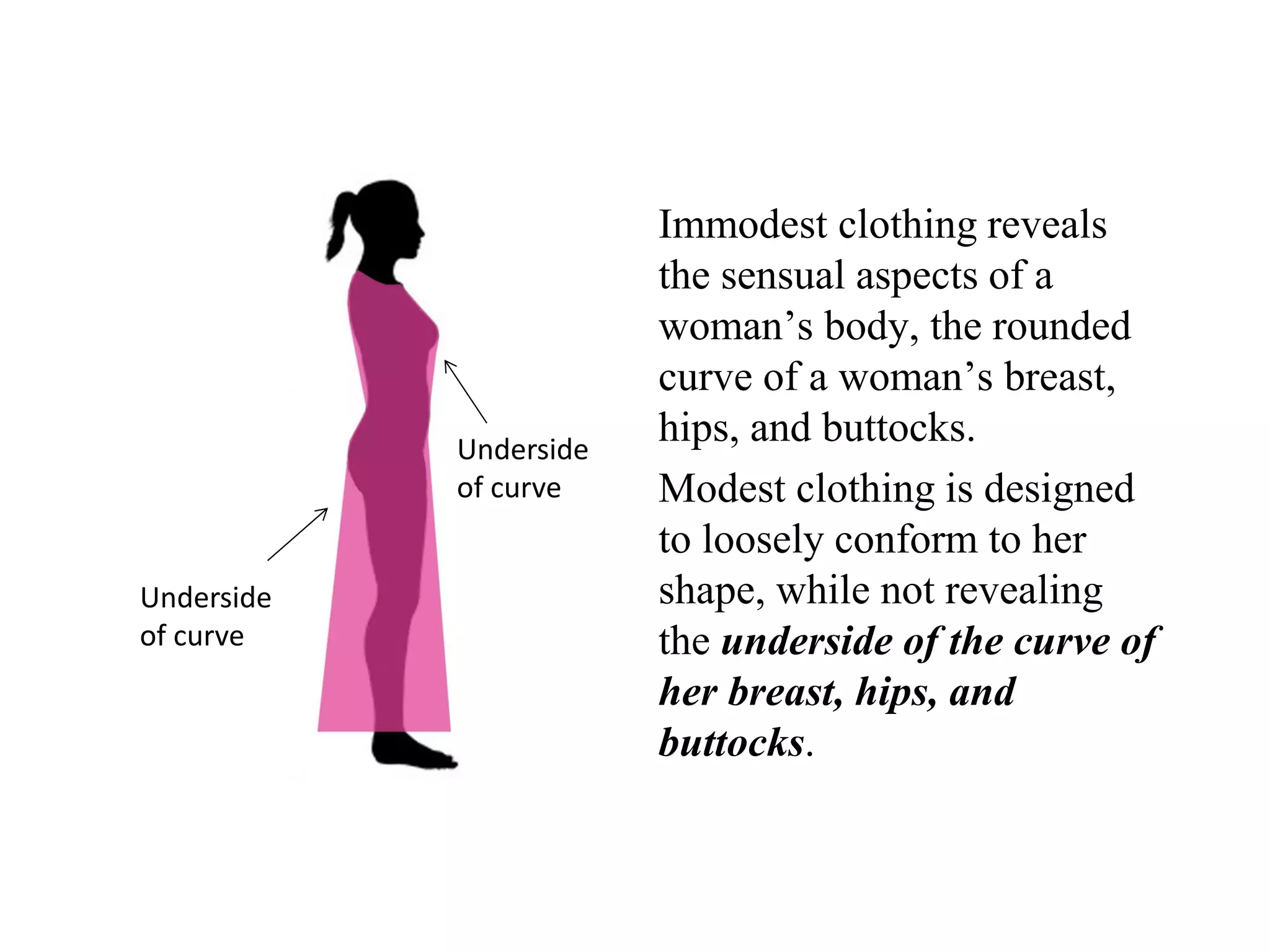Immodest clothing reveals
the sensual aspects of a
woman’s body, the rounded
curve of a woman’s breast,
hips, and buttocks.
Modest clothing is designed
to loosely conform to her
shape, while not revealing
the underside of the curve of
her breast, hips, and
buttocks.
Underside
of curve
Underside
of curve
 