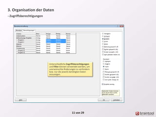 3. Organisation der Daten
- Zugriffsberechtigungen
11 von 29
Unterschiedliche Zugriffsberechtigungen
und Filter können verwendet werden, um
unerwünschte Änderungen zu verhindern
bzw. nur die jeweils benötigten Daten
anzuzeigen.
 