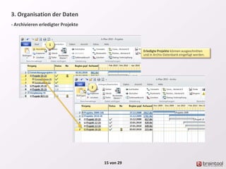 3. Organisation der Daten
- Archivieren erledigter Projekte
15 von 29
1
2
Erledigte Projekte können ausgeschnitten
und in Archiv-Datenbank eingefügt werden.
 