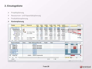 2. Einsatzgebiete
 Projektplanung
 Ressourcen- und Kapazitätsplanung
 Produktionsplanung
 Kostenplanung
7 von 29
 