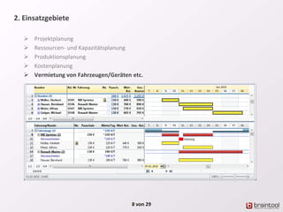 2. Einsatzgebiete
 Projektplanung
 Ressourcen- und Kapazitätsplanung
 Produktionsplanung
 Kostenplanung
 Vermietung von Fahrzeugen/Geräten etc.
8 von 29
 