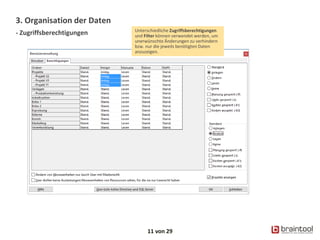 3. Organisation der Daten
- Zugriffsberechtigungen
11 von 29
Unterschiedliche Zugriffsberechtigungen
und Filter können verwendet werden, um
unerwünschte Änderungen zu verhindern
bzw. nur die jeweils benötigten Daten
anzuzeigen.
 