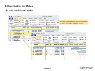 3. Organisation der Daten
- Archivieren erledigter Projekte
15 von 29
1
2
Erledigte Projekte können ausgeschnitten und
in Archiv-Datenbank eingefügt werden.
 