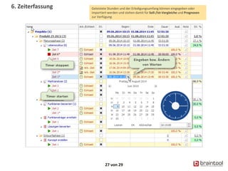 27 von 29
Geleistete Stunden und der Erledigungsumfang können eingegeben oder
importiert werden und stehen damit für Soll-/Ist-Vergleiche und Prognosen
zur Verfügung.
6. Zeiterfassung
 