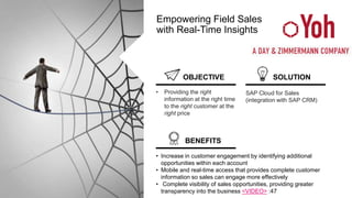 65© 2015 SAP AG or an SAP affiliate company. All rights reserved.
Empowering Field Sales
with Real-Time Insights
OBJECTIVE SOLUTION
BENEFITS
SAP Cloud for Sales
(integration with SAP CRM)
• Increase in customer engagement by identifying additional
opportunities within each account
• Mobile and real-time access that provides complete customer
information so sales can engage more effectively
• Complete visibility of sales opportunities, providing greater
transparency into the business <VIDEO> :47
• Providing the right
information at the right time
to the right customer at the
right price
 