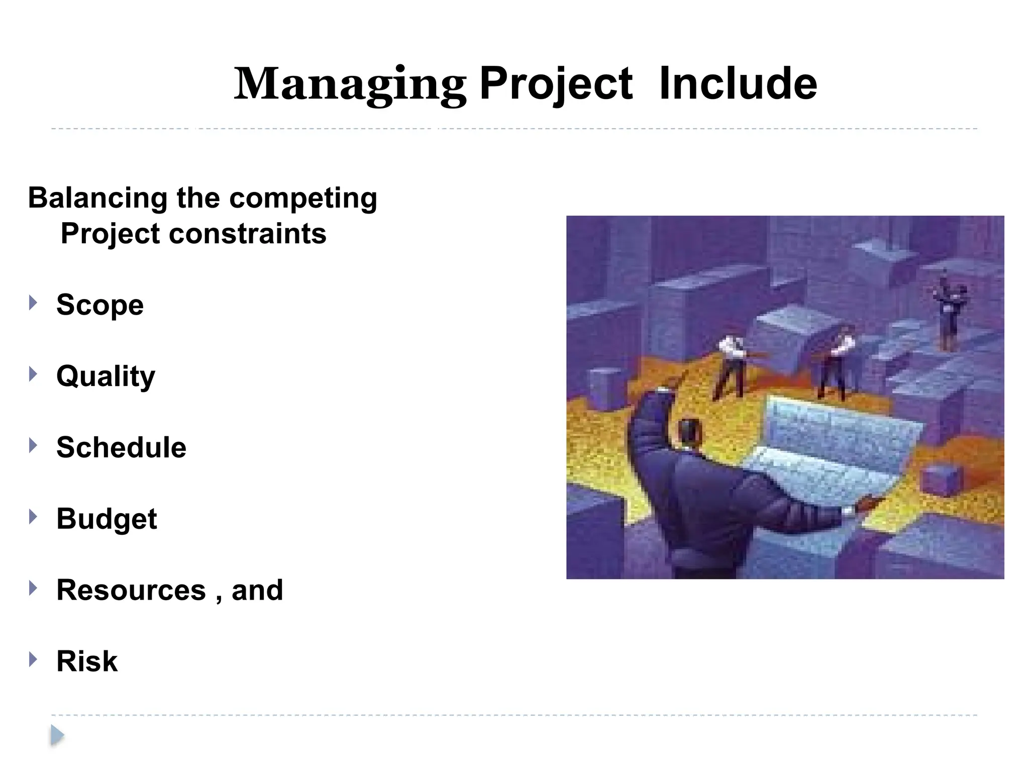 Project constraints
Balancing the competing
Project constraints
 Scope
 Quality
 Schedule
 Budget
 Resources , and
 Risk
Managing Project Include
 