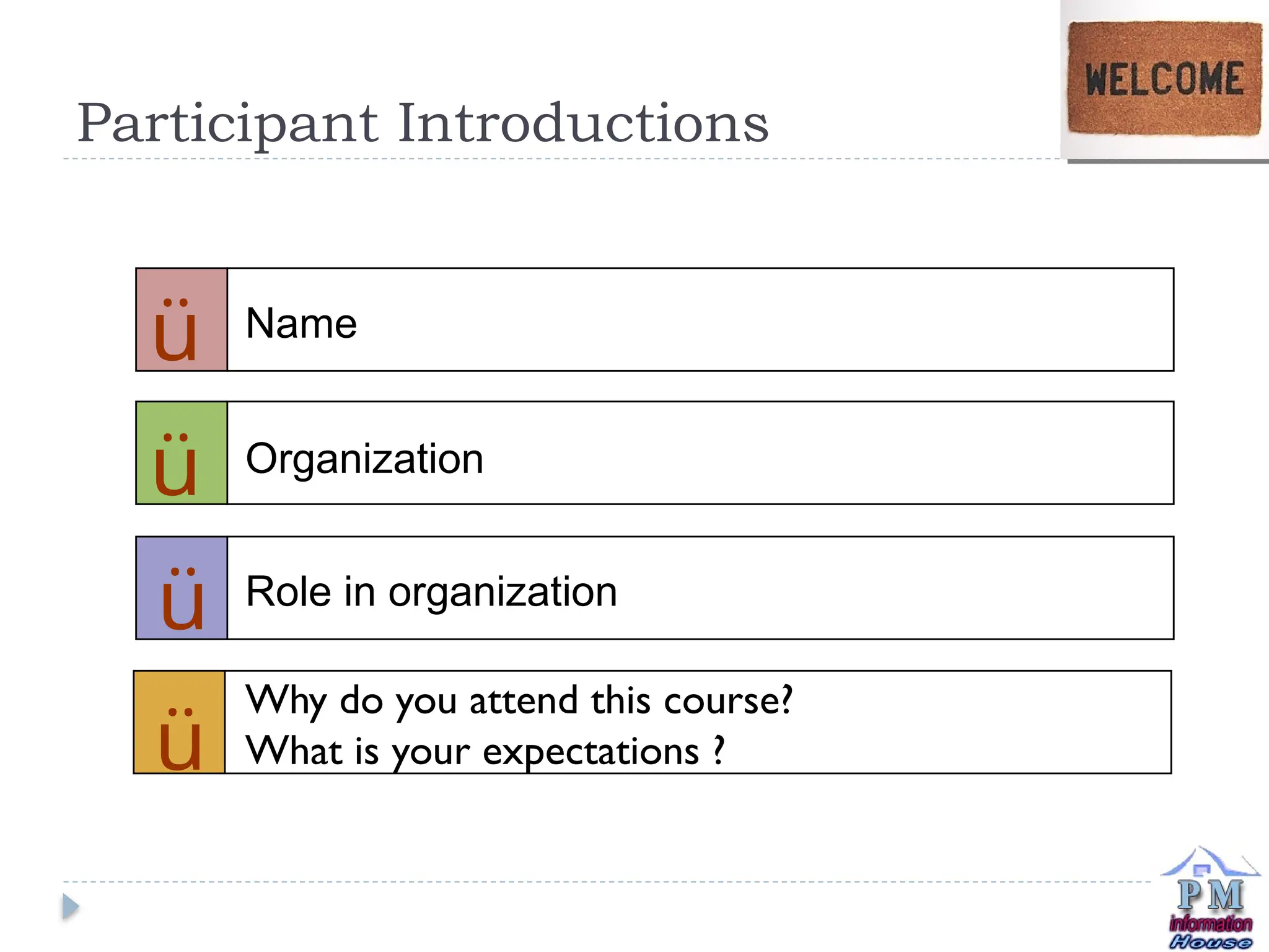 Participant Introductions
ü
ü
Name
ü
ü
Organization
Role in organization
Why do you attend this course?
What is your expectations ?
 