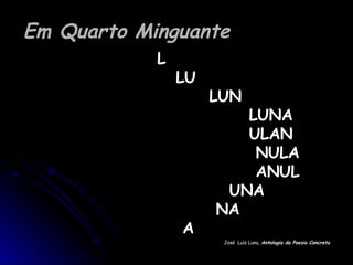 Em Quarto Minguante L   LU   LUN   LUNA   ULAN   NULA   ANUL    UNA    NA   A   José  Luís Luna,  Antologia da Poesia Concreta 