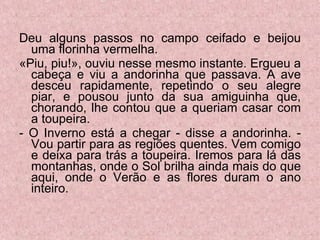 Deu alguns passos no campo ceifado e beijou uma florinha vermelha. «Piu, piu!», ouviu nesse mesmo instante. Ergueu a cabeça e viu a andorinha que passava. A ave desceu rapidamente, repetindo o seu alegre piar, e pousou junto da sua amiguinha que, chorando, lhe contou que a queriam casar com a toupeira. - O Inverno está a chegar - disse a andorinha. - Vou partir para as regiões quentes. Vem comigo e deixa para trás a toupeira. Iremos para lá das montanhas, onde o Sol brilha ainda mais do que aqui, onde o Verão e as flores duram o ano inteiro.  