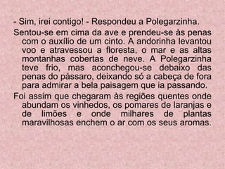 - Sim, irei contigo! - Respondeu a Polegarzinha.  Sentou-se em cima da ave e prendeu-se às penas com o auxílio de um cinto. A andorinha levantou voo e atravessou a floresta, o mar e as altas montanhas cobertas de neve. A Polegarzinha teve frio, mas aconchegou-se debaixo das penas do pássaro, deixando só a cabeça de fora para admirar a bela paisagem que ia passando. Foi assim que chegaram às regiões quentes onde abundam os vinhedos, os pomares de laranjas e de limões e onde milhares de plantas maravilhosas enchem o ar com os seus aromas.  