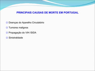 PRINCIPAIS CAUSAS DE MORTE EM PORTUGAL Doenças do Aparelho Circulatório Tumores malignos Propagação do VIH /SIDA Sinistralidade 