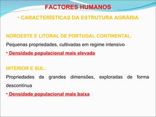 CARACTERÍSTICAS DA ESTRUTURA AGRÁRIA FACTORES HUMANOS NOROESTE E LITORAL DE PORTUGAL CONTINENTAL : Pequenas propriedades, cultivadas em regime intensivo Densidade populacional mais elevada INTERIOR E SUL: Propriedades de grandes dimensões, exploradas de forma descontínua Densidade populacional mais baixa 