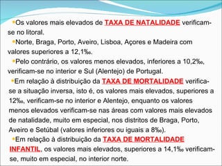 Os valores mais elevados de  TAXA DE NATALIDADE   verificam-se no litoral. Norte, Braga, Porto, Aveiro, Lisboa, Açores e Madeira com valores superiores a 12,1 ‰ . Pelo contrário, os valores menos elevados, inferiores a 10,2‰, verificam-se no interior e Sul (Alentejo) de Portugal. Em relação à distribuição da  TAXA DE MORTALIDADE   verifica-se a situação inversa, isto é, os valores mais elevados, superiores a 12‰, verificam-se no interior e Alentejo, enquanto os valores menos elevados verificam-se nas áreas com valores mais elevados de natalidade, muito em especial, nos distritos de Braga, Porto, Aveiro e Setúbal (valores inferiores ou iguais a 8‰). Em relação à distribuição da  TAXA DE MORTALIDADE INFANTIL , os valores mais elevados, superiores a 14,1‰ verificam-se, muito em especial, no interior norte. 