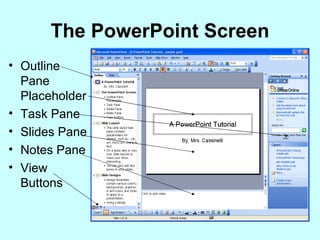 The PowerPoint Screen Outline Pane Placeholder Task Pane Slides Pane Notes Pane View Buttons 
