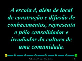A escola é, além de local de construção e difusão de conhecimentos, representa o pólo consolidador e irradiador da cultura de uma comunidade. 