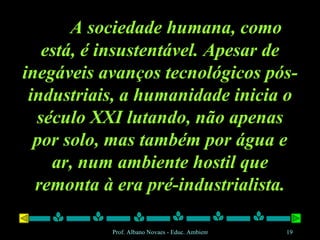 A sociedade humana, como está, é insustentável. Apesar de inegáveis avanços tecnológicos pós-industriais, a humanidade inicia o século XXI lutando, não apenas por solo, mas também por água e ar, num ambiente hostil que remonta à era pré-industrialista. 