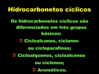 Hidrocarbonetos cíclicos Os hidrocarbonetos cíclicos são diferenciados em três grupos básicos: Cicloalcanos, ciclanos  ou cicloparafinas; Cicloalquenos, cicloalcenos  ou ciclenos; Aromáticos. 