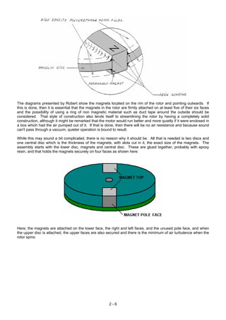 The diagrams presented by Robert show the magnets located on the rim of the rotor and pointing outwards. If
this is done, then it is essential that the magnets in the rotor are firmly attached on at least five of their six faces
and the possibility of using a ring of non magnetic material such as duct tape around the outside should be
considered. That style of construction also lends itself to streamlining the rotor by having a completely solid
construction, although it might be remarked that the motor would run better and more quietly if it were enclosed in
a box which had the air pumped out of it. If that is done, then there will be no air resistance and because sound
can't pass through a vacuum, quieter operation is bound to result.
While this may sound a bit complicated, there is no reason why it should be. All that is needed is two discs and
one central disc which is the thickness of the magnets, with slots cut in it, the exact size of the magnets. The
assembly starts with the lower disc, magnets and central disc. These are glued together, probably with epoxy
resin, and that holds the magnets securely on four faces as shown here:
Here, the magnets are attached on the lower face, the right and left faces, and the unused pole face, and when
the upper disc is attached, the upper faces are also secured and there is the minimum of air turbulence when the
rotor spins:
2 - 6
 
