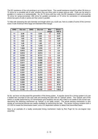 2 - 10
The DC resistance of the coil windings is an important factor. The overall resistance should be either 36 ohms or
72 ohms for a complete set of coils, whether they are drive coils or power pick-up coils. Coils can be wired in
parallel or in series or in series/parallel. So, for 72 ohms with four coils, the DC resistance of each coil could be
18 ohms for series-connected, 288 ohms for parallel connected, or 72 ohms for connection in series/parallel
where two pairs of coils in series are then wired in parallel.
To help with assessing the wire diameter and length which you could use, here is a table of some of the common
sizes in both American Wire Gage and Standard Wire Gauge:
AWG Dia mm SWG Dia mm Max
Amps
Ohms /
100 m
11 2.30 13 2.34 12 0.53
12 2.05 14 2.03 9.3 0.67
13 1.83 15 1.83 7.4 0.85
14 1.63 16 1.63 5.9 1.07
15 1.45 17 1.42 4.7 1.35
16 1.29 18 1.219 3.7 1.70
18 1.024 19 1.016 2.3 2.7
19 0.912 20 0.914 1.8 3.4
20 0.812 21 0.813 1.5 4.3
21 0.723 22 0.711 1.2 5.4
22 0.644 23 0.610 0.92 6.9
23 0.573 24 0.559 0.729 8.6
24 0.511 25 0.508 0.577 10.9
25 0.455 26 0.457 0.457 13.7
26 0.405 27 0.417 0.361 17.4
27 0.361 28 0.376 0.288 21.8
28 0.321 30 0.315 0.226 27.6
29 0.286 32 0.274 0.182 34.4
30 0.255 33 0.254 0.142 43.9
31 0.226 34 0.234 0.113 55.4
32 0.203 36 0.193 0.091 68.5
33 0.180 37 0.173 0.072 87.0
34 0.160 38 0.152 0.056 110.5
35 0.142 39 0.132 0.044 139.8
So far, we have not discussed the generation of the timing pulses. A popular choice for a timing system is to use
a slotted disc mounted on the rotor axle and sensing the slots with an "optical" switch. The "optical" part of the
switch is usually performed by UV transmission and reception and as ultra violet is not visible to the human eye,
describing the switching mechanism as "optical" is not really correct. The actual sensing mechanism is very
simple as commercial devices are readily available for performing the task. The sensor housing contains both a
UV LED to create the transmission beam, and a UV dependent resistor to detect that transmitted beam.
Here is an example of a neatly constructed timing mechanism made by Ron Pugh for his six-magnet rotor
assembly:
 