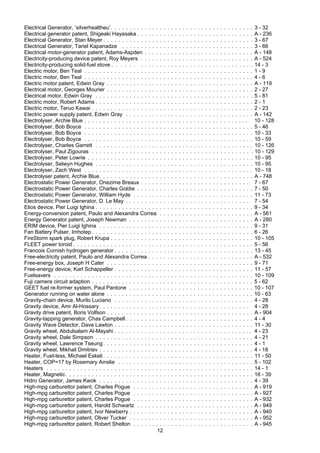 12
Electrical Generator, ‘silverhealtheu’. . . . . . . . . . . . . . . . . . . . . . . . . . . . . . . . . . . . . . 3 - 32
Electrical generator patent, Shigeaki Hayasaka . . . . . . . . . . . . . . . . . . . . . . . . . . . . . . . A - 236
Electrical Generator, Stan Meyer . . . . . . . . . . . . . . . . . . . . . . . . . . . . . . . . . . . . . . . . 3 - 67
Electrical Generator, Tariel Kapanadze . . . . . . . . . . . . . . . . . . . . . . . . . . . . . . . . . . . 3 - 66
Electrical motor-generator patent, Adams-Aspden . . . . . . . . . . . . . . . . . . . . . . . . . . . . . A - 148
Electricity-producing device patent, Roy Meyers . . . . . . . . . . . . . . . . . . . . . . . . . . . . . . A - 524
Electricity-producing solid-fuel stove . . . . . . . . . . . . . . . . . . . . . . . . . . . . . . . . . . . . 14 - 3
Electric motor, Ben Teal . . . . . . . . . . . . . . . . . . . . . . . . . . . . . . . . . . . . . . . . . . . . . 1 - 9
Electric motor, Ben Teal . . . . . . . . . . . . . . . . . . . . . . . . . . . . . . . . . . . . . . . . . . . . . 4 - 6
Electric motor patent, Edwin Gray . . . . . . . . . . . . . . . . . . . . . . . . . . . . . . . . . . . . . . . A - 119
Electrical motor, Georges Mourier . . . . . . . . . . . . . . . . . . . . . . . . . . . . . . . . . . . . . . . 2 - 27
Electrical motor, Edwin Gray . . . . . . . . . . . . . . . . . . . . . . . . . . . . . . . . . . . . . . . . . . 5 - 81
Electric motor, Robert Adams . . . . . . . . . . . . . . . . . . . . . . . . . . . . . . . . . . . . . . . . . . 2 - 1
Electric motor, Teruo Kawai . . . . . . . . . . . . . . . . . . . . . . . . . . . . . . . . . . . . . . . . . . . 2 - 23
Electric power supply patent, Edwin Gray . . . . . . . . . . . . . . . . . . . . . . . . . . . . . . . . . . A - 142
Electrolyser, Archie Blue . . . . . . . . . . . . . . . . . . . . . . . . . . . . . . . . . . . . . . . . . . . . 10 - 128
Electrolyser, Bob Boyce . . . . . . . . . . . . . . . . . . . . . . . . . . . . . . . . . . . . . . . . . . . . . 5 - 46
Electrolyser, Bob Boyce . . . . . . . . . . . . . . . . . . . . . . . . . . . . . . . . . . . . . . . . . . . . . 10 - 33
Electrolyser, Bob Boyce . . . . . . . . . . . . . . . . . . . . . . . . . . . . . . . . . . . . . . . . . . . . . 10 - 59
Electrolyser, Charles Garrett . . . . . . . . . . . . . . . . . . . . . . . . . . . . . . . . . . . . . . . . . . 10 - 126
Electrolyser, Paul Zigouras . . . . . . . . . . . . . . . . . . . . . . . . . . . . . . . . . . . . . . . . . . . 10 - 129
Electrolyser, Peter Lowrie . . . . . . . . . . . . . . . . . . . . . . . . . . . . . . . . . . . . . . . . . . . . 10 - 95
Electrolyser, Selwyn Hughes . . . . . . . . . . . . . . . . . . . . . . . . . . . . . . . . . . . . . . . . . . 10 - 95
Electrolyser, Zach West . . . . . . . . . . . . . . . . . . . . . . . . . . . . . . . . . . . . . . . . . . . . . 10 - 18
Electrolyser patent, Archie Blue. . . . . . . . . . . . . . . . . . . . . . . . . . . . . . . . . . . . . . . . . A - 748
Electrostatic Power Generator, Onezime Breaux . . . . . . . . . . . . . . . . . . . . . . . . . . . . . 7 - 67
Electrostatic Power Generator, Charles Goldie . . . . . . . . . . . . . . . . . . . . . . . . . . . . . . . 7 - 50
Electrostatic Power Generator, William Hyde . . . . . . . . . . . . . . . . . . . . . . . . . . . . . . . . 11 - 73
Electrostatic Power Generator, D. Le May . . . . . . . . . . . . . . . . . . . . . . . . . . . . . . . . . 7 - 54
Elios device, Pier Luigi Ighina . . . . . . . . . . . . . . . . . . . . . . . . . . . . . . . . . . . . . . . . . . 9 - 34
Energy-conversion patent, Paulo and Alexandra Correa . . . . . . . . . . . . . . . . . . . . . . . . . A - 561
Energy Generator patent, Joseph Newman . . . . . . . . . . . . . . . . . . . . . . . . . . . . . . . . . A - 280
ERIM device, Pier Luigi Ighina . . . . . . . . . . . . . . . . . . . . . . . . . . . . . . . . . . . . . . . . . 9 - 31
Fan Battery Pulser, Imhotep . . . . . . . . . . . . . . . . . . . . . . . . . . . . . . . . . . . . . . . . . . . 6 - 26
FireStorm spark plug, Robert Krupa . . . . . . . . . . . . . . . . . . . . . . . . . . . . . . . . . . . . . . 10 - 105
FLEET power toroid . . . . . . . . . . . . . . . . . . . . . . . . . . . . . . . . . . . . . . . . . . . . . . . . 5 - 56
Francois Cornish hydrogen generator . . . . . . . . . . . . . . . . . . . . . . . . . . . . . . . . . . . . . 13 - 45
Free-electricity patent, Paulo and Alexandra Correa . . . . . . . . . . . . . . . . . . . . . . . . . . . . A - 532
Free-energy box, Joseph H Cater . . . . . . . . . . . . . . . . . . . . . . . . . . . . . . . . . . . . . . . 9 - 71
Free-energy device, Karl Schappeller . . . . . . . . . . . . . . . . . . . . . . . . . . . . . . . . . . . . . 11 - 57
Fuelsavers . . . . . . . . . . . . . . . . . . . . . . . . . . . . . . . . . . . . . . . . . . . . . . . . . . . . . 10 - 109
Fuji camera circuit adaption . . . . . . . . . . . . . . . . . . . . . . . . . . . . . . . . . . . . . . . . . . . 5 - 62
GEET fuel re-former system, Paul Pantone . . . . . . . . . . . . . . . . . . . . . . . . . . . . . . . . . 10 - 107
Generator running on water alone . . . . . . . . . . . . . . . . . . . . . . . . . . . . . . . . . . . . . . . 10 - 63
Gravity-chain device, Murilo Luciano . . . . . . . . . . . . . . . . . . . . . . . . . . . . . . . . . . . . . 4 - 28
Gravity device, Amr Al-Hossary. . . . . . . . . . . . . . . . . . . . . . . . . . . . . . . . . . . . . . . . 4 - 28
Gravity drive patent, Boris Volfson . . . . . . . . . . . . . . . . . . . . . . . . . . . . . . . . . . . . . . . A - 904
Gravity-tapping generator, Chas Campbell . . . . . . . . . . . . . . . . . . . . . . . . . . . . . . . . . . 4 - 4
Gravity Wave Detector, Dave Lawton . . . . . . . . . . . . . . . . . . . . . . . . . . . . . . . . . . . . . 11 - 30
Gravity wheel, Abdulsalam Al-Mayahi . . . . . . . . . . . . . . . . . . . . . . . . . . . . . . . . . . . . . 4 - 23
Gravity wheel, Dale Simpson . . . . . . . . . . . . . . . . . . . . . . . . . . . . . . . . . . . . . . . . . . 4 - 21
Gravity wheel, Lawrence Tseung. . . . . . . . . . . . . . . . . . . . . . . . . . . . . . . . . . . . . . . . 4 - 1
Gravity wheel, Mikhail Dmitriev . . . . . . . . . . . . . . . . . . . . . . . . . . . . . . . . . . . . . . . . . 4 - 18
Heater, Fuel-less, Michael Eskeli. . . . . . . . . . . . . . . . . . . . . . . . . . . . . . . . . . . . . . . . 11 - 50
Heater, COP=17 by Rosemary Ainslie . . . . . . . . . . . . . . . . . . . . . . . . . . . . . . . . . . . . 5 - 102
Heaters . . . . . . . . . . . . . . . . . . . . . . . . . . . . . . . . . . . . . . . . . . . . . . . . . . . . . . . 14 - 1
Heater, Magnetic. . . . . . . . . . . . . . . . . . . . . . . . . . . . . . . . . . . . . . . . . . . . . . . . . . 16 - 39
Hidro Generator, James Kwok . . . . . . . . . . . . . . . . . . . . . . . . . . . . . . . . . . . . . . . . . 4 - 39
High-mpg carburettor patent, Charles Pogue . . . . . . . . . . . . . . . . . . . . . . . . . . . . . . . . A - 919
High-mpg carburettor patent, Charles Pogue . . . . . . . . . . . . . . . . . . . . . . . . . . . . . . . . A - 927
High-mpg carburettor patent, Charles Pogue . . . . . . . . . . . . . . . . . . . . . . . . . . . . . . . . A - 932
High-mpg carburettor patent, Harold Schwartz . . . . . . . . . . . . . . . . . . . . . . . . . . . . . . . A - 949
High-mpg carburettor patent, Ivor Newberry . . . . . . . . . . . . . . . . . . . . . . . . . . . . . . . . . A - 940
High-mpg carburettor patent, Oliver Tucker . . . . . . . . . . . . . . . . . . . . . . . . . . . . . . . . . A - 952
High-mpg carburettor patent, Robert Shelton . . . . . . . . . . . . . . . . . . . . . . . . . . . . . . . . A - 945
 