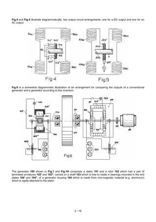 Fig.4 and Fig.5 illustrate diagrammatically, two output circuit arrangements, one for a DC output and one for an
AC output.
Fig.6 is a somewhat diagrammatic illustration of an arrangement for comparing the outputs of a conventional
generator and a generator according to this invention.
The generator 100 shown in Fig.1 and Fig.1A comprises a stator 101 and a rotor 102 which has a pair of
laminated armatures 102' and 102", carried on a shaft 103 which is free to rotate in bearings mounted in the end
plates 104' and 104", of a generator housing 104 which is made from non-magnetic material (e.g. aluminium)
which is rigidly attached to the stator.
2 - 19
 