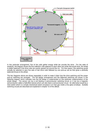 In this particular arrangement, five of the coils gather energy while ten provide the drive. For the sake of
simplicity, the diagram shows the five collection coils adjacent to each other and while that would work, the wheel
is better balanced if the drive coils are evenly spaced out around the rim. For that reason, this switching would
actually be selected to give five sets of two drive coils followed by one pick-up coil as that gives a perfectly
balanced thrust on the wheel.
The two diagrams above are shown separately in order to make it clear how the drive switching and the power
pick-up switching are arranged. The full design arrangement and the balanced switching are shown in the
following diagram which indicates how the full design is implemented on this particular implementation of the
wheel design. The sensor can be a coil feeding a semiconductor switching circuit, or it can be a magnetic
semiconductor called a Hall-effect device which can also feed a semiconductor circuit. An alternative would be a
reed switch which is a simple mechanical switch encased in an inert gas inside a tiny glass envelope. Suitable
switching circuits are described and explained in chapter 12 of this eBook.
2 - 50
 