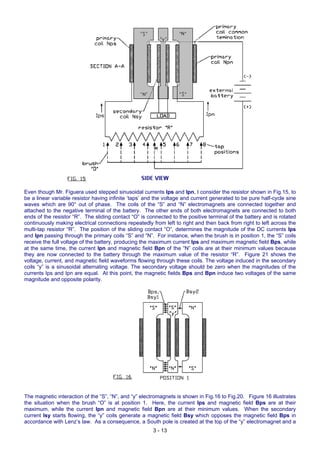 Even though Mr. Figuera used stepped sinusoidal currents Ips and Ipn, I consider the resistor shown in Fig.15, to
be a linear variable resistor having infinite ‘taps’ and the voltage and current generated to be pure half-cycle sine
waves which are 90° out of phase. The coils of the “S” and “N” electromagnets are connected together and
attached to the negative terminal of the battery. The other ends of both electromagnets are connected to both
ends of the resistor “R”. The sliding contact “O” is connected to the positive terminal of the battery and is rotated
continuously making electrical connections repeatedly from left to right and then back from right to left across the
multi-tap resistor “R”. The position of the sliding contact “O”, determines the magnitude of the DC currents Ips
and Ipn passing through the primary coils “S” and “N”. For instance, when the brush is in position 1, the “S” coils
receive the full voltage of the battery, producing the maximum current Ips and maximum magnetic field Bps, while
at the same time, the current Ipn and magnetic field Bpn of the “N” coils are at their minimum values because
they are now connected to the battery through the maximum value of the resistor “R”. Figure 21 shows the
voltage, current, and magnetic field waveforms flowing through these coils. The voltage induced in the secondary
coils “y” is a sinusoidal alternating voltage. The secondary voltage should be zero when the magnitudes of the
currents Ips and Ipn are equal. At this point, the magnetic fields Bps and Bpn induce two voltages of the same
magnitude and opposite polarity.
The magnetic interaction of the “S”, “N”, and “y” electromagnets is shown in Fig.16 to Fig.20. Figure 16 illustrates
the situation when the brush “O” is at position 1. Here, the current Ips and magnetic field Bps are at their
maximum, while the current Ipn and magnetic field Bpn are at their minimum values. When the secondary
current Isy starts flowing, the “y” coils generate a magnetic field Bsy which opposes the magnetic field Bps in
accordance with Lenz’s law. As a consequence, a South pole is created at the top of the “y” electromagnet and a
3 - 13
 