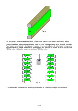 This arrangement has advantages if the design is taken on into manufacturing as less construction is needed.
Figure 15 shows two electromagnets connected at the top to the battery Minus and at the bottom to the battery
Plus. But, one is marked with a North pole at the top and the other with a South pole at the top, so perhaps some
explanation would be helpful. If the coils are connected that way, then one will have to be wound in a clockwise
(“CW”) direction and the other in a counter-clockwise (“CCW”) direction:
Or the alternative is to have all of the electromagnets wound in the same way, and adjust the connections:
3 - 20
 