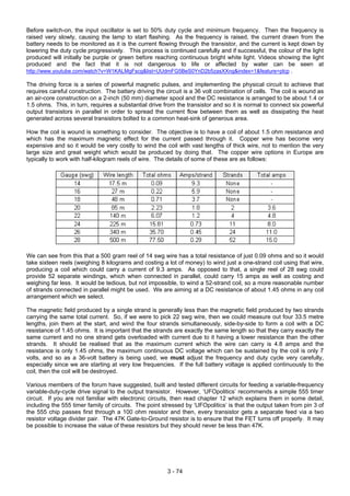 Before switch-on, the input oscillator is set to 50% duty cycle and minimum frequency. Then the frequency is
raised very slowly, causing the lamp to start flashing. As the frequency is raised, the current drawn from the
battery needs to be monitored as it is the current flowing through the transistor, and the current is kept down by
lowering the duty cycle progressively. This process is continued carefully and if successful, the colour of the light
produced will initially be purple or green before reaching continuous bright white light. Videos showing the light
produced and the fact that it is not dangerous to life or affected by water can be seen at
http://www.youtube.com/watch?v=W1KALMgFscg&list=UUdmFG5BeS0YnD2b5zasXXng&index=1&feature=plcp .
The driving force is a series of powerful magnetic pulses, and implementing the physical circuit to achieve that
requires careful construction. The battery driving the circuit is a 36 volt combination of cells. The coil is wound as
an air-core construction on a 2-inch (50 mm) diameter spool and the DC resistance is arranged to be about 1.4 or
1.5 ohms. This, in turn, requires a substantial drive from the transistor and so it is normal to connect six powerful
output transistors in parallel in order to spread the current flow between them as well as dissipating the heat
generated across several transistors bolted to a common heat-sink of generous area.
How the coil is wound is something to consider. The objective is to have a coil of about 1.5 ohm resistance and
which has the maximum magnetic effect for the current passed through it. Copper wire has become very
expensive and so it would be very costly to wind the coil with vast lengths of thick wire, not to mention the very
large size and great weight which would be produced by doing that. The copper wire options in Europe are
typically to work with half-kilogram reels of wire. The details of some of these are as follows:
We can see from this that a 500 gram reel of 14 swg wire has a total resistance of just 0.09 ohms and so it would
take sixteen reels (weighing 8 kilograms and costing a lot of money) to wind just a one-strand coil using that wire,
producing a coil which could carry a current of 9.3 amps. As opposed to that, a single reel of 28 swg could
provide 52 separate windings, which when connected in parallel, could carry 15 amps as well as costing and
weighing far less. It would be tedious, but not impossible, to wind a 52-strand coil, so a more reasonable number
of strands connected in parallel might be used. We are aiming at a DC resistance of about 1.45 ohms in any coil
arrangement which we select.
The magnetic field produced by a single strand is generally less than the magnetic field produced by two strands
carrying the same total current. So, if we were to pick 22 swg wire, then we could measure out four 33.5 metre
lengths, join them at the start, and wind the four strands simultaneously, side-by-side to form a coil with a DC
resistance of 1.45 ohms. It is important that the strands are exactly the same length so that they carry exactly the
same current and no one strand gets overloaded with current due to it having a lower resistance than the other
strands. It should be realised that as the maximum current which the wire can carry is 4.8 amps and the
resistance is only 1.45 ohms, the maximum continuous DC voltage which can be sustained by the coil is only 7
volts, and so as a 36-volt battery is being used, we must adjust the frequency and duty cycle very carefully,
especially since we are starting at very low frequencies. If the full battery voltage is applied continuously to the
coil, then the coil will be destroyed.
Various members of the forum have suggested, built and tested different circuits for feeding a variable-frequency
variable-duty-cycle drive signal to the output transistor. However, ‘UFOpolitics’ recommends a simple 555 timer
circuit. If you are not familiar with electronic circuits, then read chapter 12 which explains them in some detail,
including the 555 timer family of circuits. The point stressed by ‘UFOpolitics’ is that the output taken from pin 3 of
the 555 chip passes first through a 100 ohm resistor and then, every transistor gets a separate feed via a two
resistor voltage divider pair. The 47K Gate-to-Ground resistor is to ensure that the FET turns off properly. It may
be possible to increase the value of these resistors but they should never be less than 47K.
3 - 74
 