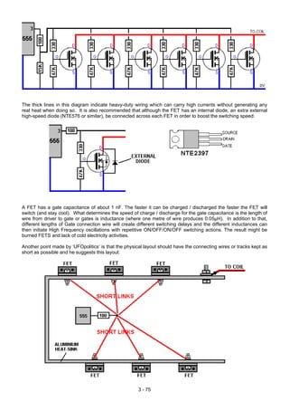 The thick lines in this diagram indicate heavy-duty wiring which can carry high currents without generating any
real heat when doing so. It is also recommended that although the FET has an internal diode, an extra external
high-speed diode (NTE576 or similar), be connected across each FET in order to boost the switching speed:
A FET has a gate capacitance of about 1 nF. The faster it can be charged / discharged the faster the FET will
switch (and stay cool). What determines the speed of charge / discharge for the gate capacitance is the length of
wire from driver to gate or gates is inductance (where one metre of wire produces 0.05µH). In addition to that,
different lengths of Gate connection wire will create different switching delays and the different inductances can
then initiate High Frequency oscillations with repetitive ON/OFF/ON/OFF switching actions. The result might be
burned FETS and lack of cold electricity activities.
Another point made by ‘UFOpolitics’ is that the physical layout should have the connecting wires or tracks kept as
short as possible and he suggests this layout:
3 - 75
 