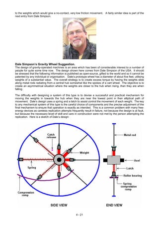 to the weights which would give a no-contact, very low friction movement. A fairly similar idea is part of the
next entry from Dale Simpson.
Dale Simpson’s Gravity Wheel Suggestion.
The design of gravity-operated machines is an area which has been of considerable interest to a number of
people for quite some time now. The design shown here comes from Dale Simpson of the USA. It should
be stressed that the following information is published as open-source, gifted to the world and so it cannot be
patented by any individual or organisation. Dale’s prototype wheel has a diameter of about five feet, utilising
weights of a substantial value. The overall strategy is to create excess torque by having the weights slide
along metal rods radiating from a central hub somewhat like the spokes of a cart wheel. The objective is to
create an asymmetrical situation where the weights are closer to the hub when rising, than they are when
falling.
The difficulty with designing a system of this type is to devise a successful and practical mechanism for
moving the weights in towards the hub when they are near the lowest point in their elliptical path of
movement. Dale’s design uses a spring and a latch to assist control the movement of each weight. The key
to any mechanical system of this type is the careful choice of components and the precise adjustment of the
final mechanism to ensure that operation is exactly as intended. This is a common problem with many free-
energy devices as careless replication attempts frequently result in failure, not because the design is at fault,
but because the necessary level of skill and care in construction were not met by the person attempting the
replication. Here is a sketch of Dale’s design:
4 - 21
 