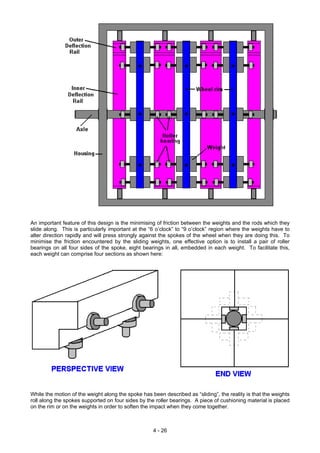 An important feature of this design is the minimising of friction between the weights and the rods which they
slide along. This is particularly important at the “6 o’clock” to “9 o’clock” region where the weights have to
alter direction rapidly and will press strongly against the spokes of the wheel when they are doing this. To
minimise the friction encountered by the sliding weights, one effective option is to install a pair of roller
bearings on all four sides of the spoke, eight bearings in all, embedded in each weight. To facilitate this,
each weight can comprise four sections as shown here:
While the motion of the weight along the spoke has been described as “sliding”, the reality is that the weights
roll along the spokes supported on four sides by the roller bearings. A piece of cushioning material is placed
on the rim or on the weights in order to soften the impact when they come together.
4 - 26
 